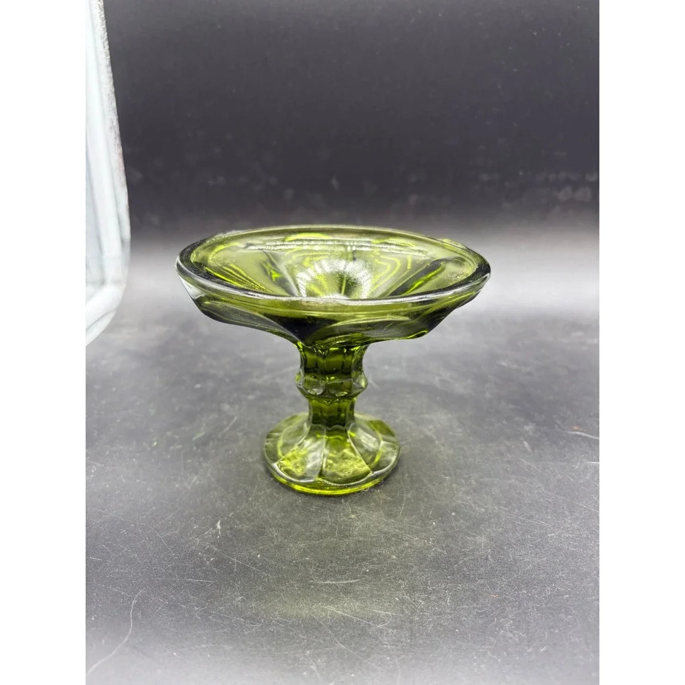 Vintage Olive‎ Green Glass Compote Pedestal Candy Dish Paneled Mid Century Retro